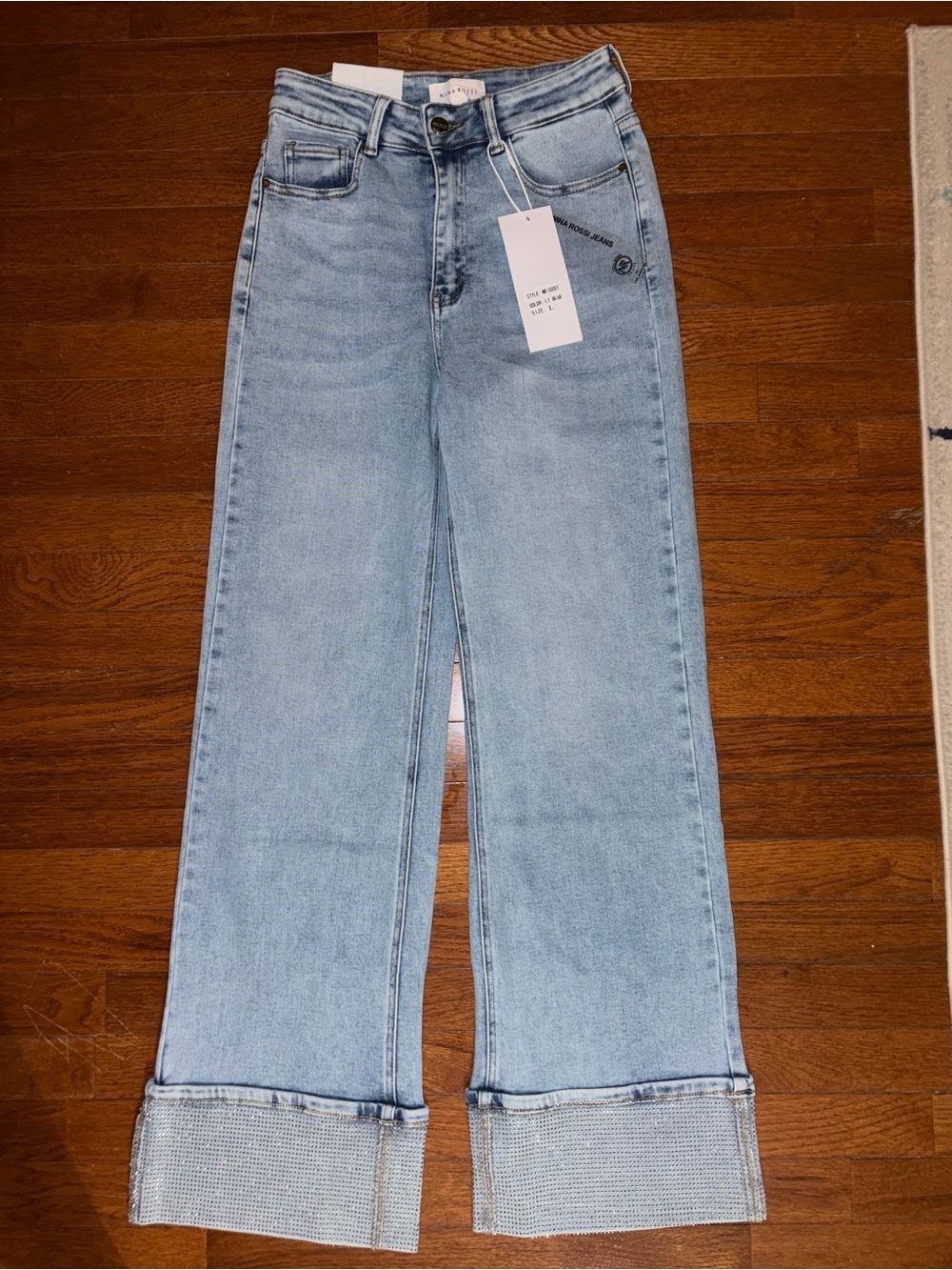 NWT Nina Rossi Crystal Rhinestone Cuff Wide Leg Jeans – Size L ✨👖